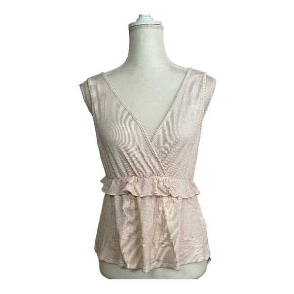Caution To The Wind Striped Pink Peplum V Neck Wrap Knit Blouse Sz m ruffle hem - Picture 1 of 10